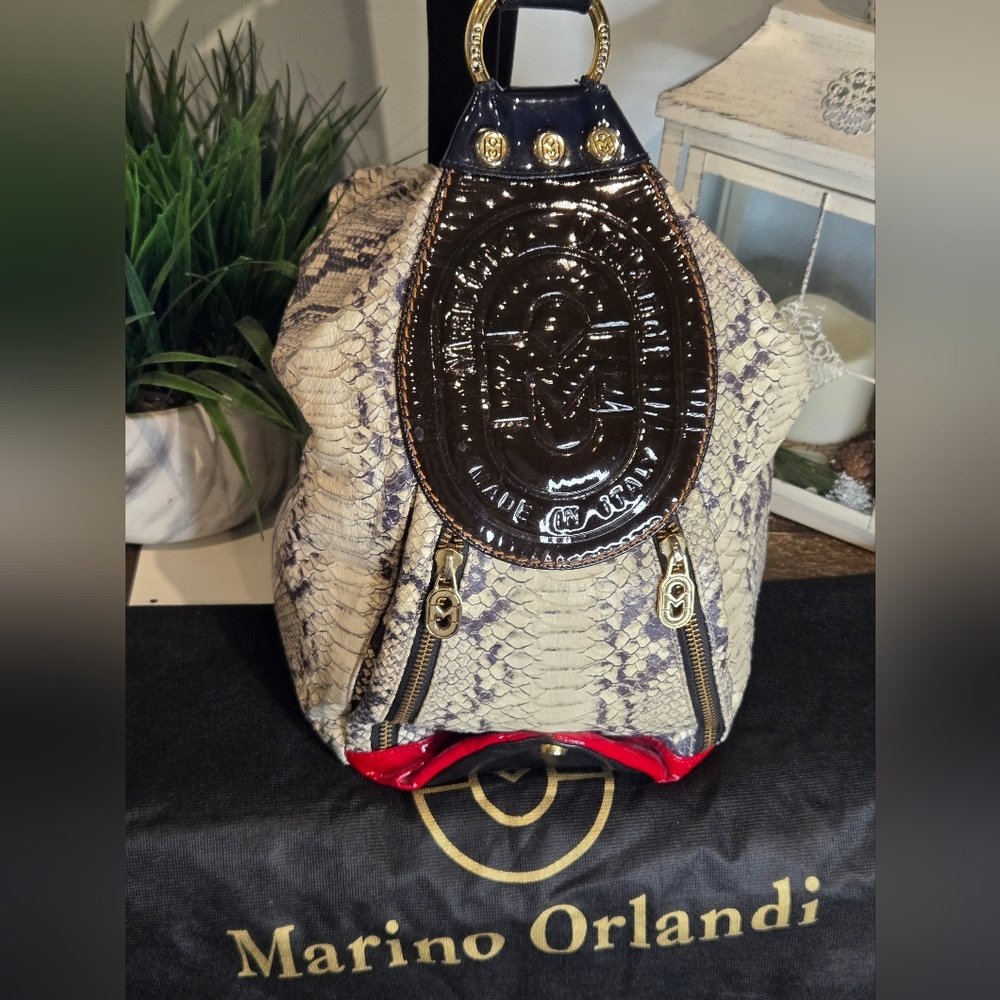 ***SOLD***Marino Orlandi Cream & Brown Snakeskin Sling Back Bag - Picture 1 of 14